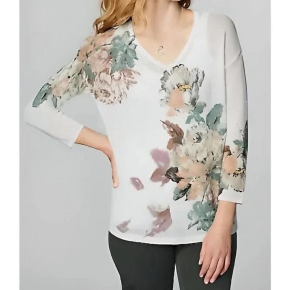 J. Jill Linen Blend Floral Sweater Size XL V-neck Lightweight Semi-sheer Ivory